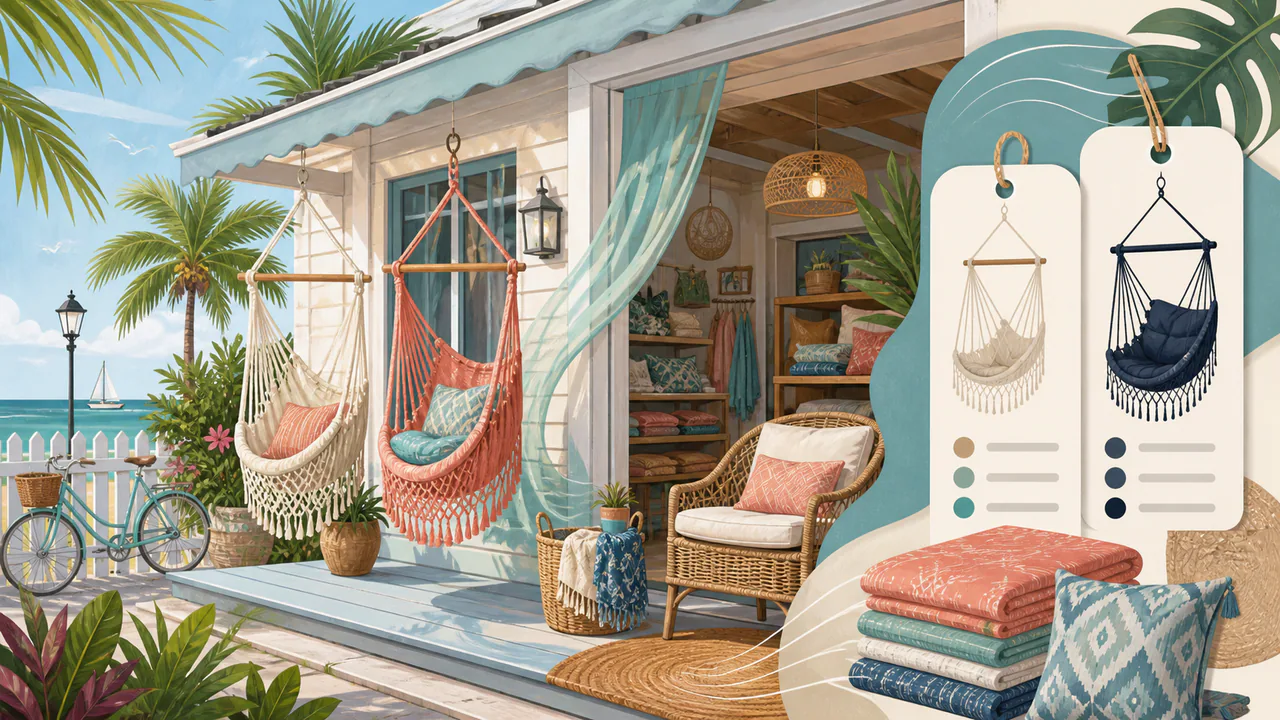 Key West Hammock Shop profile illustration for a Key West business review guide; editorial artwork, not a photograph of the business.