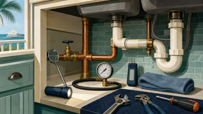 Editorial illustration: under-sink plumbing inspection tools and visible pipes in a coastal kitchen.