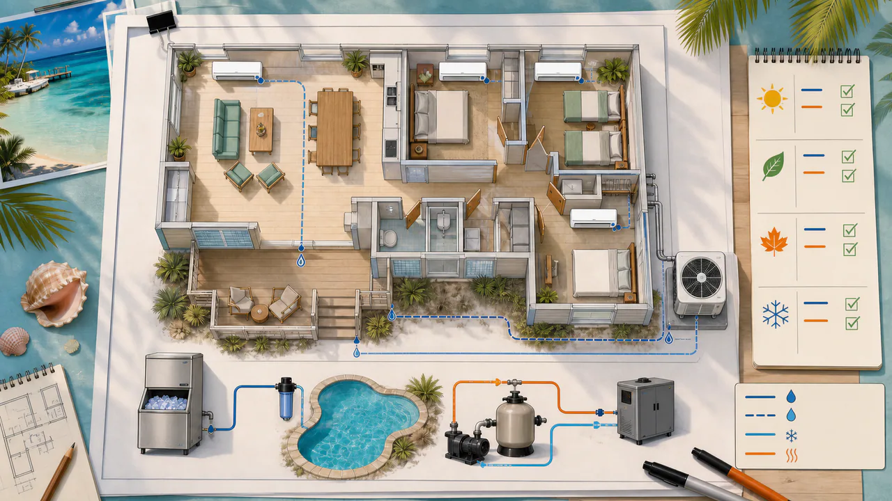 Editorial illustration: an unbranded Keys property service plan with multi-zone mini-splits, an ice machine, a pool heater, and seasonal inspection symbols.