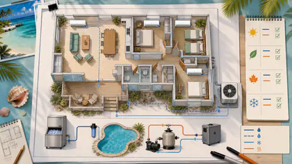 Editorial illustration: an unbranded Keys property service plan with multi-zone mini-splits, an ice machine, a pool heater, and seasonal inspection symbols.