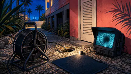 Editorial illustration: sewer-camera inspection equipment beside a raised coastal home at dusk.