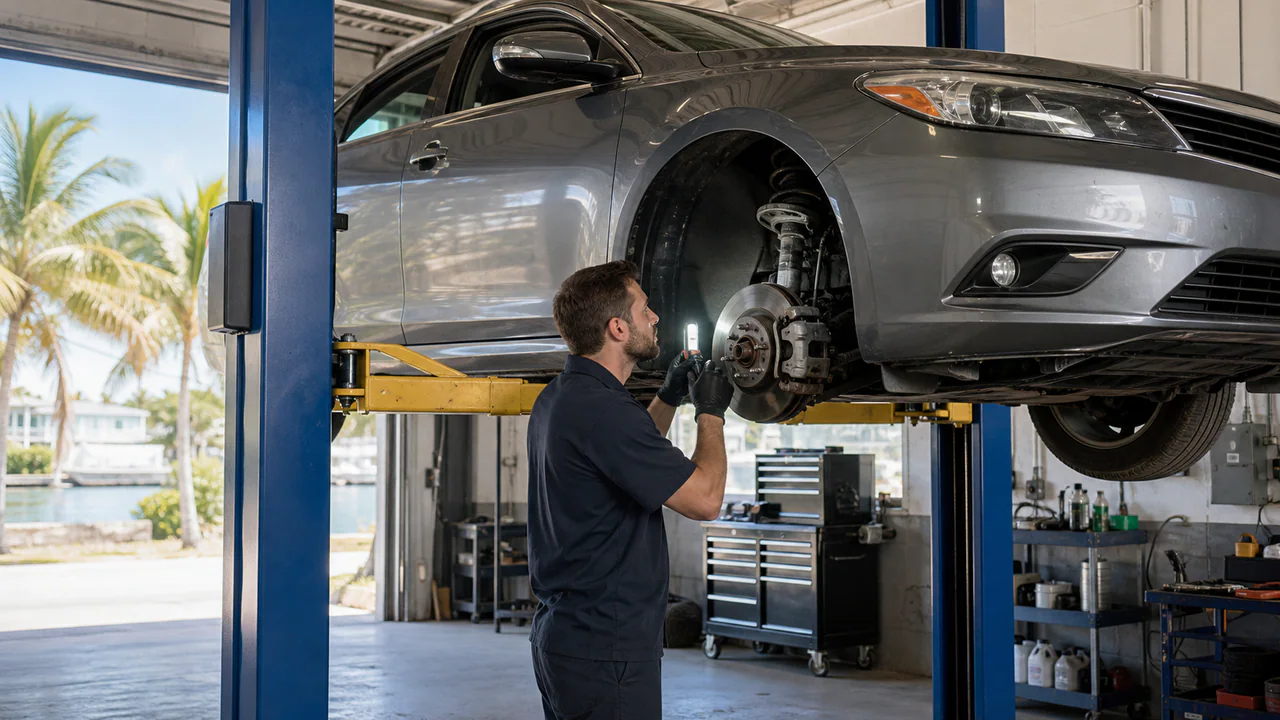Editorial illustration: generic brake and suspension inspection in a coastal repair bay; not a photograph of Shifting Gears Automotive.