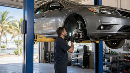 Editorial illustration: generic brake and suspension inspection in a coastal repair bay; not a photograph of Shifting Gears Automotive.