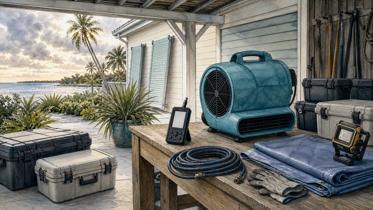 Editorial illustration: unbranded storm and water restoration equipment staged in a coastal workspace.