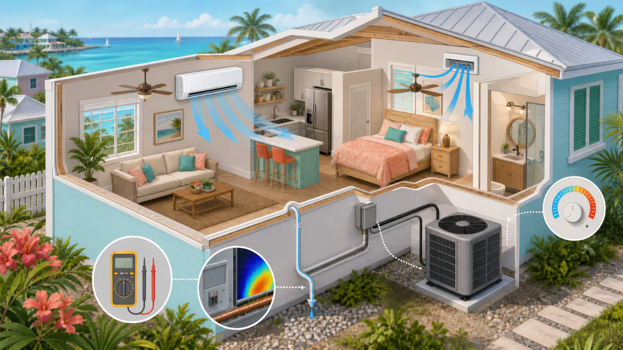 Editorial illustration: an unbranded Key West home cooling checklist with a mini-split, condensate line, thermostat readings, and coastal exterior equipment.