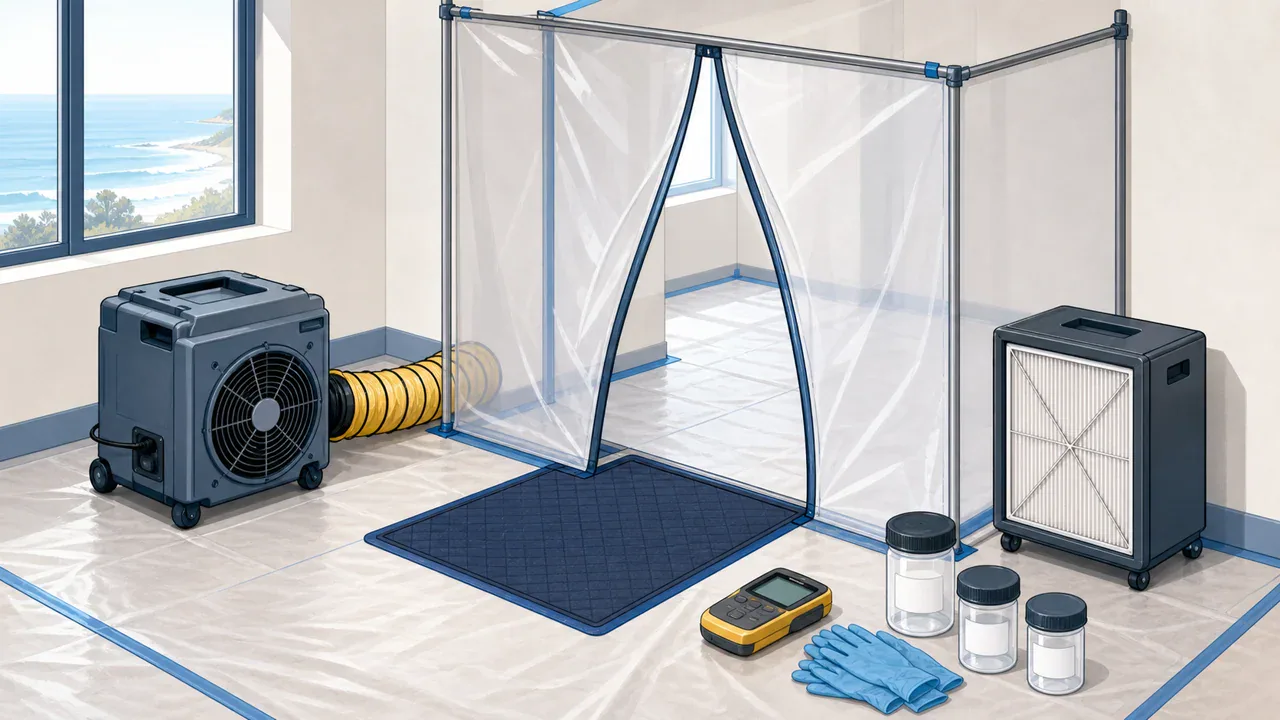 Editorial illustration: unbranded containment, air-filtration, and moisture-assessment equipment.