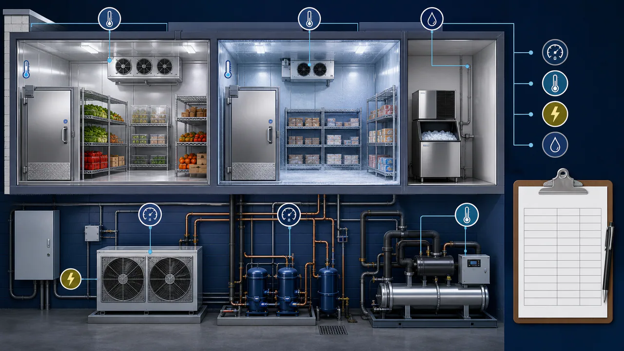 Editorial illustration: an unbranded commercial refrigeration asset map with a walk-in cooler, ice machine, chiller, and diagnostic measurement symbols.