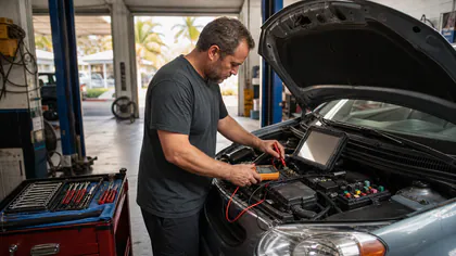 Editorial illustration: generic automotive electrical diagnosis in a Key West-style shop; not a photograph of M&A Auto.