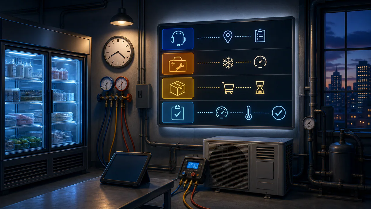 Editorial illustration: an unbranded after-hours refrigeration diagnostic scene with temperature readings, authorization limits, and parts-status symbols.