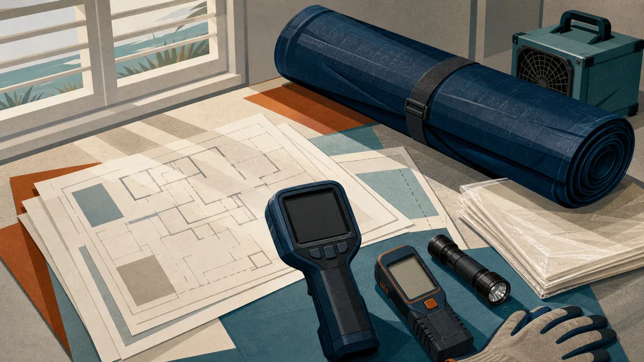 Editorial illustration: unbranded disaster-restoration planning tools, containment material, and moisture equipment.