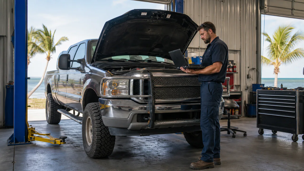 Editorial illustration: generic diesel pickup diagnostic work in a tropical auto-repair bay; not a photograph of Quality Auto & Diesel Repair.