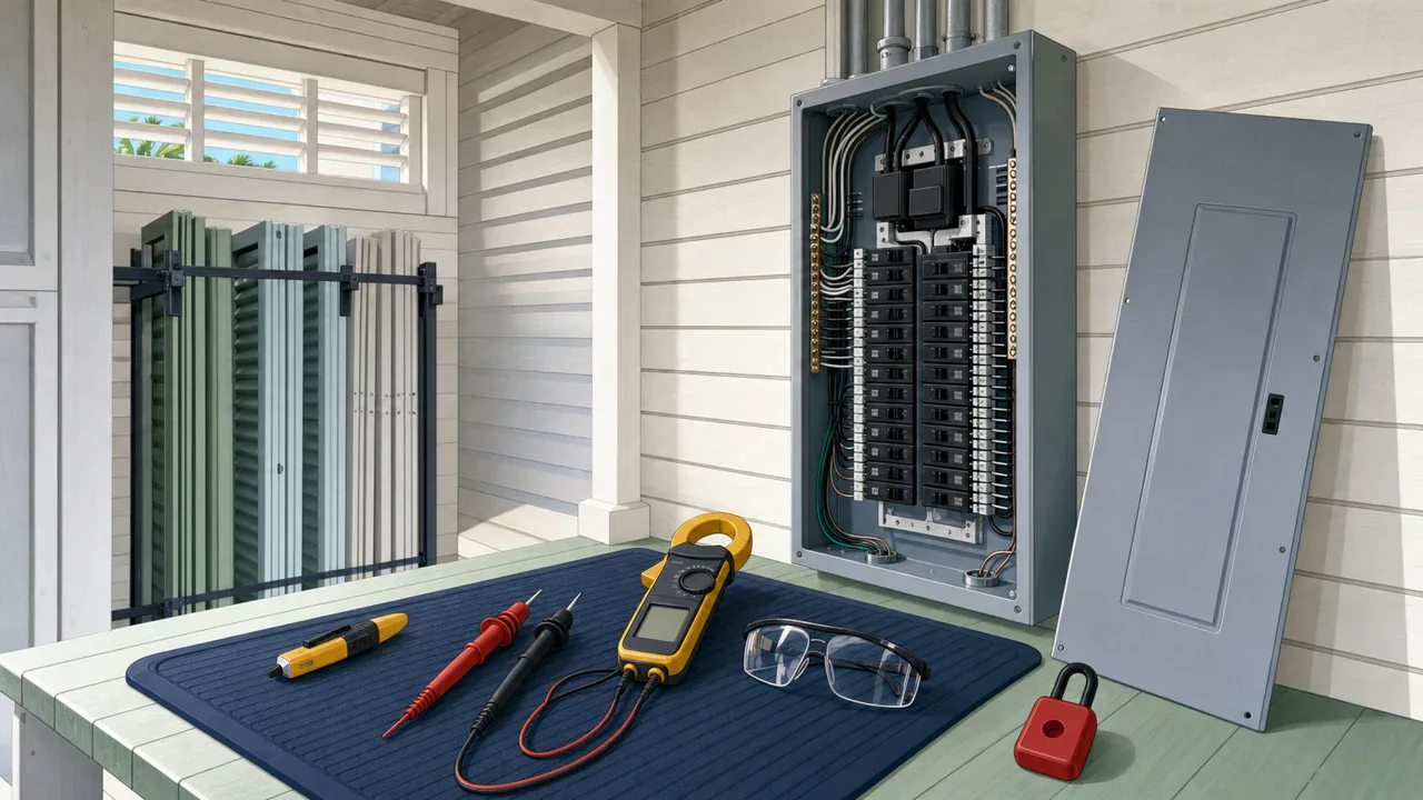 Editorial illustration: electrical-panel evaluation tools in a bright coastal residence.