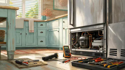 Editorial illustration: refrigerator diagnostic tools in a bright coastal-style kitchen.