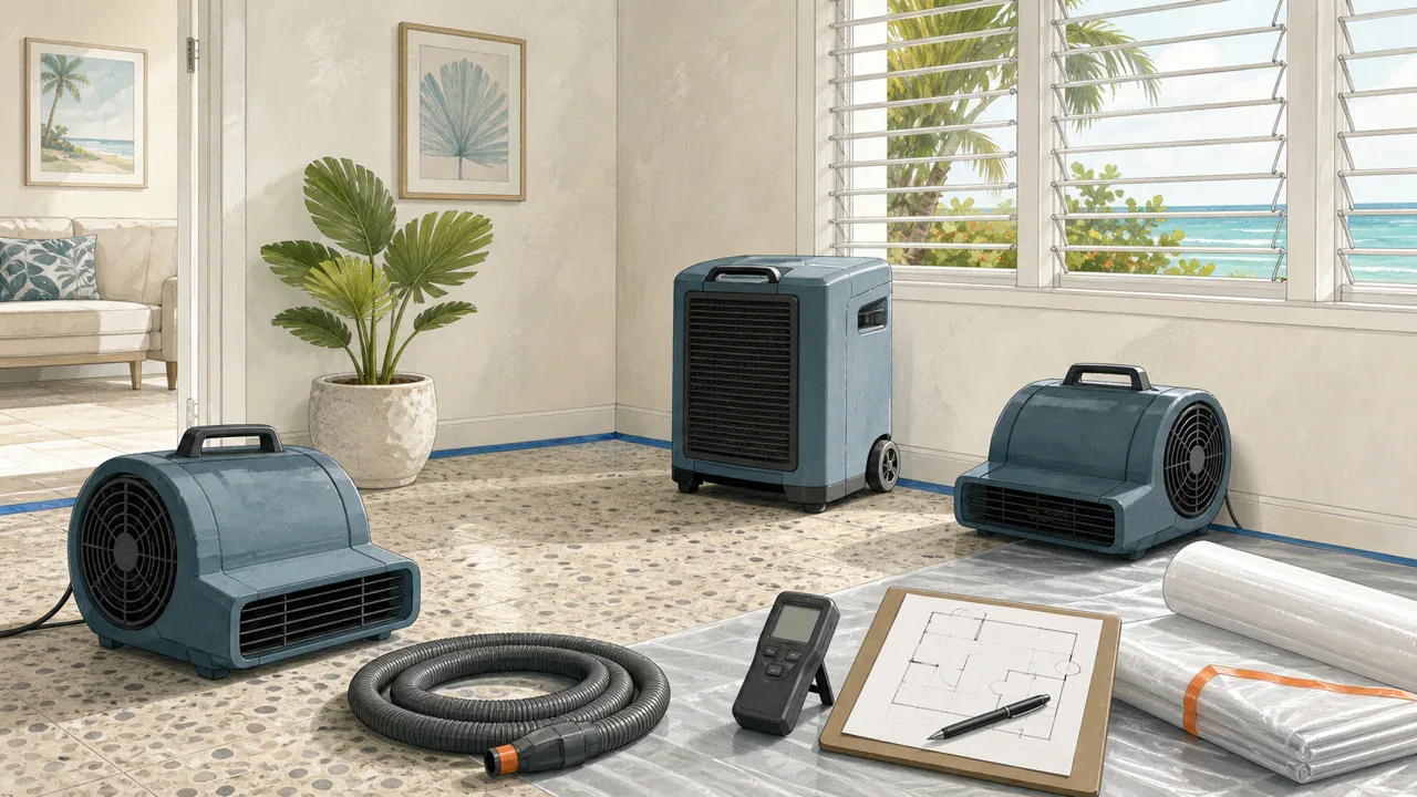 Editorial illustration: unbranded water-mitigation equipment and moisture meter in a coastal room.
