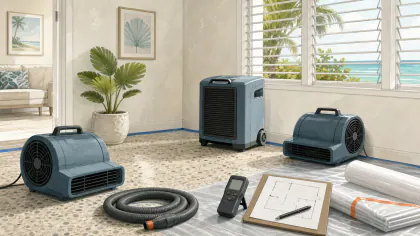 Editorial illustration: unbranded water-mitigation equipment and moisture meter in a coastal room.
