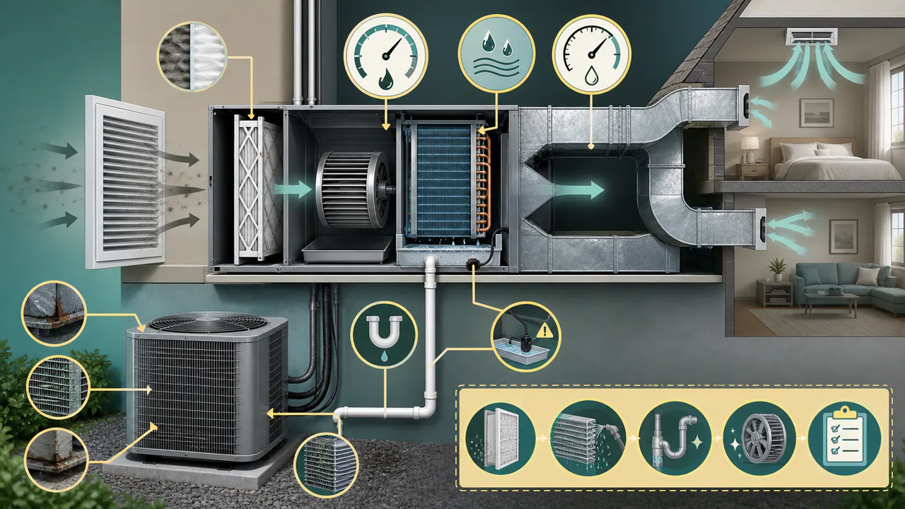 Editorial illustration: an unbranded HVAC maintenance plan showing duct airflow, filtration, dehumidification, condensate, and coastal equipment inspection.