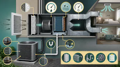 Editorial illustration: an unbranded HVAC maintenance plan showing duct airflow, filtration, dehumidification, condensate, and coastal equipment inspection.