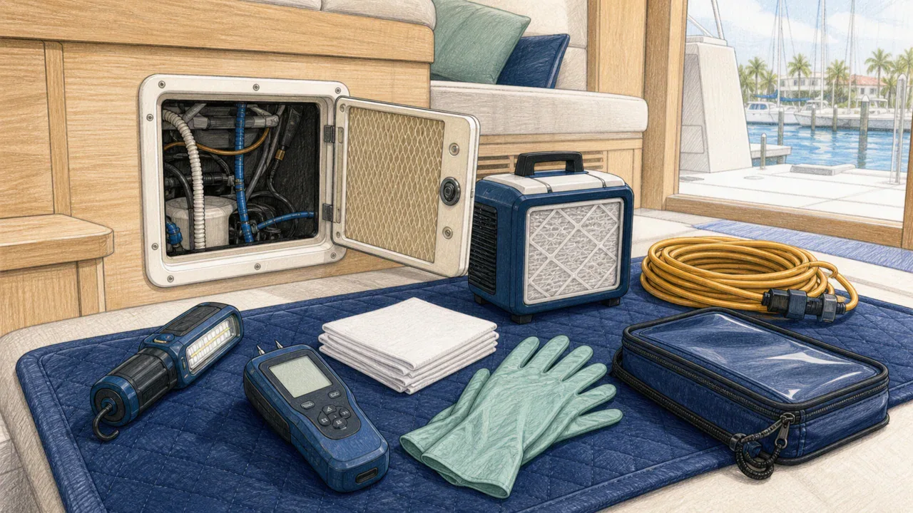 Editorial illustration: unbranded moisture and air-quality assessment tools beside a marine interior panel.
