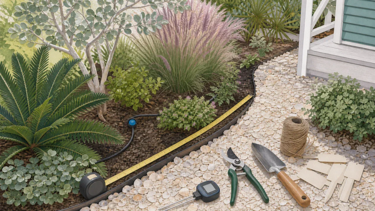 Editorial illustration: tropical landscape planning tools beside a shell path and coastal planting bed.