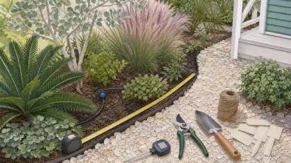 Editorial illustration: tropical landscape planning tools beside a shell path and coastal planting bed.