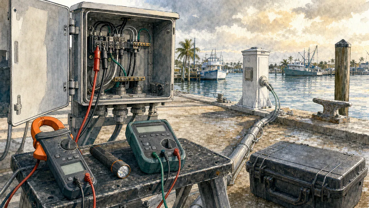 Editorial illustration: coastal electrical diagnostic equipment beside a marina service panel.