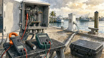 Editorial illustration: coastal electrical diagnostic equipment beside a marina service panel.