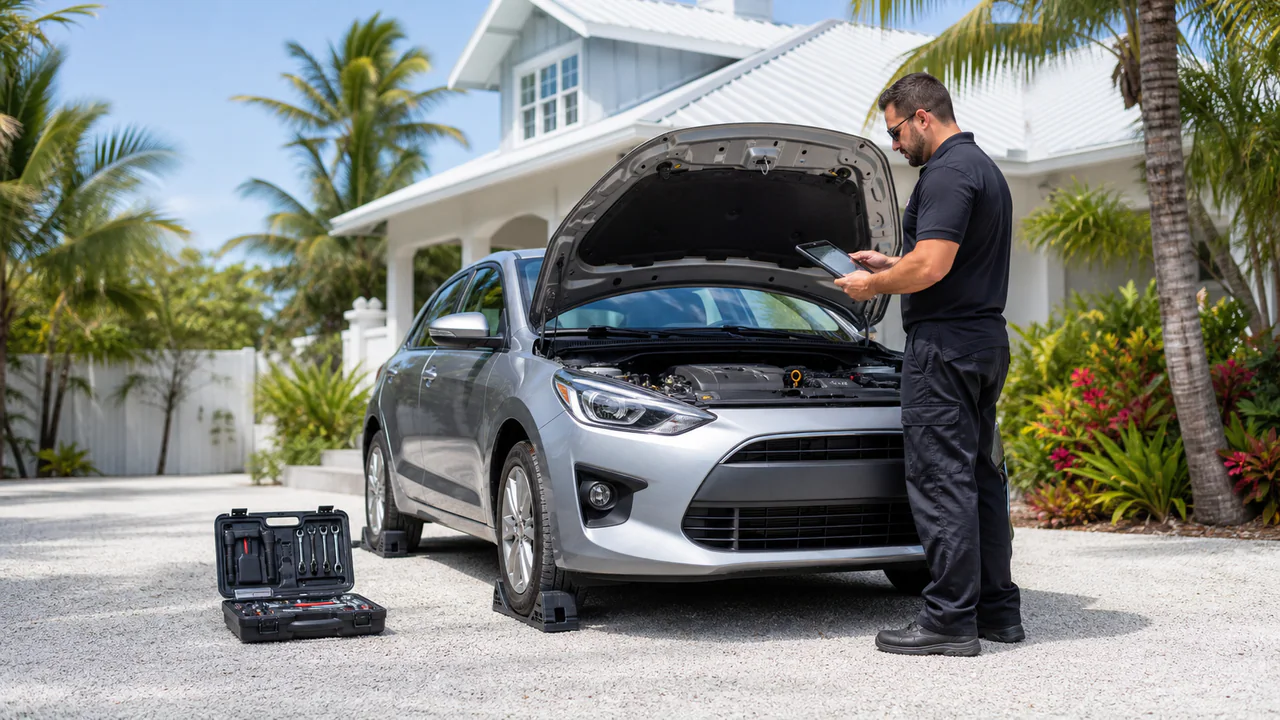 Editorial illustration: generic mobile mechanic diagnosis at a safe tropical driveway; not a photograph of Keys Mobile Auto Care.