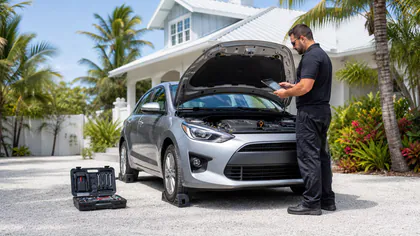 Editorial illustration: generic mobile mechanic diagnosis at a safe tropical driveway; not a photograph of Keys Mobile Auto Care.