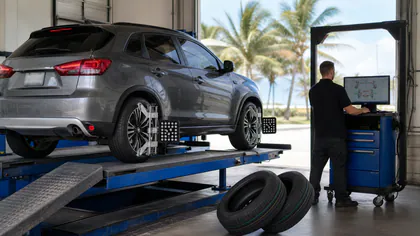 Editorial illustration: generic wheel-alignment and tire service in a tropical repair bay; not a photograph of Tires On Location.