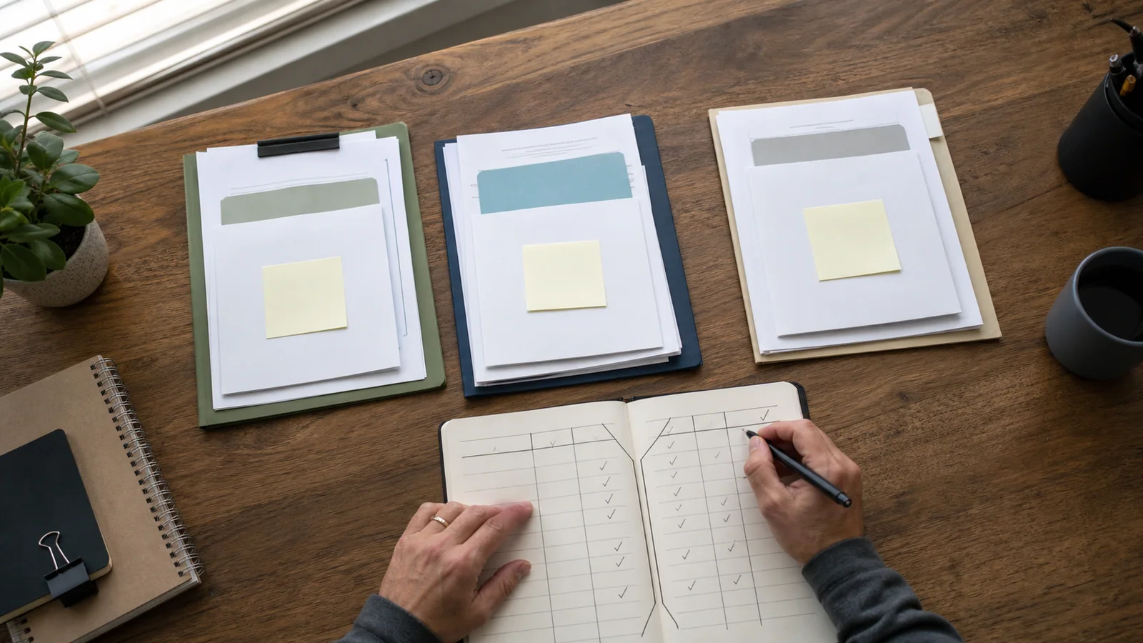 Business owner comparing three funding offer folders against a handwritten route and cost ledger