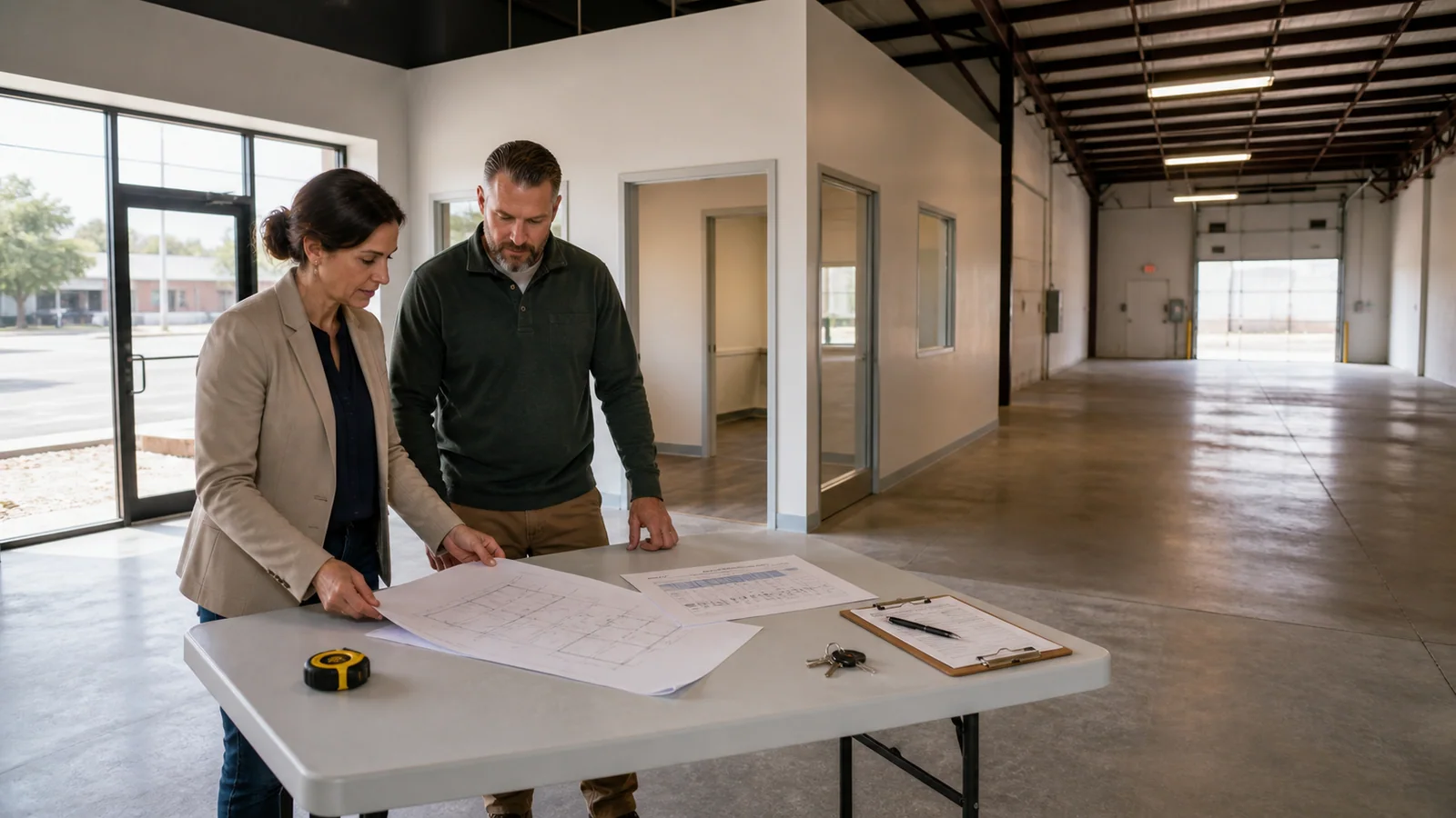 Business owner and noncommissioned financing professional reviewing property plans and cash flow inside an owner-occupied commercial building