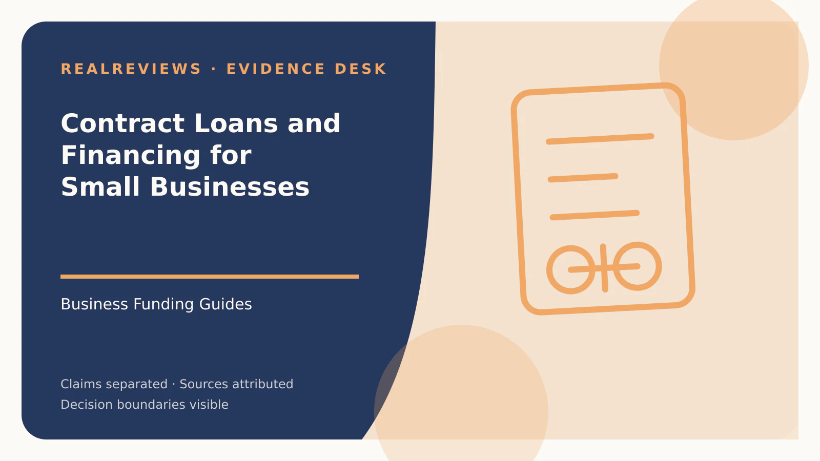 Abstract RealReviews editorial cover for Contract Loans and Financing for Small Businesses, showing a decision ledger, funding path, and evidence checkpoints for a fact-checked buyer decision.
