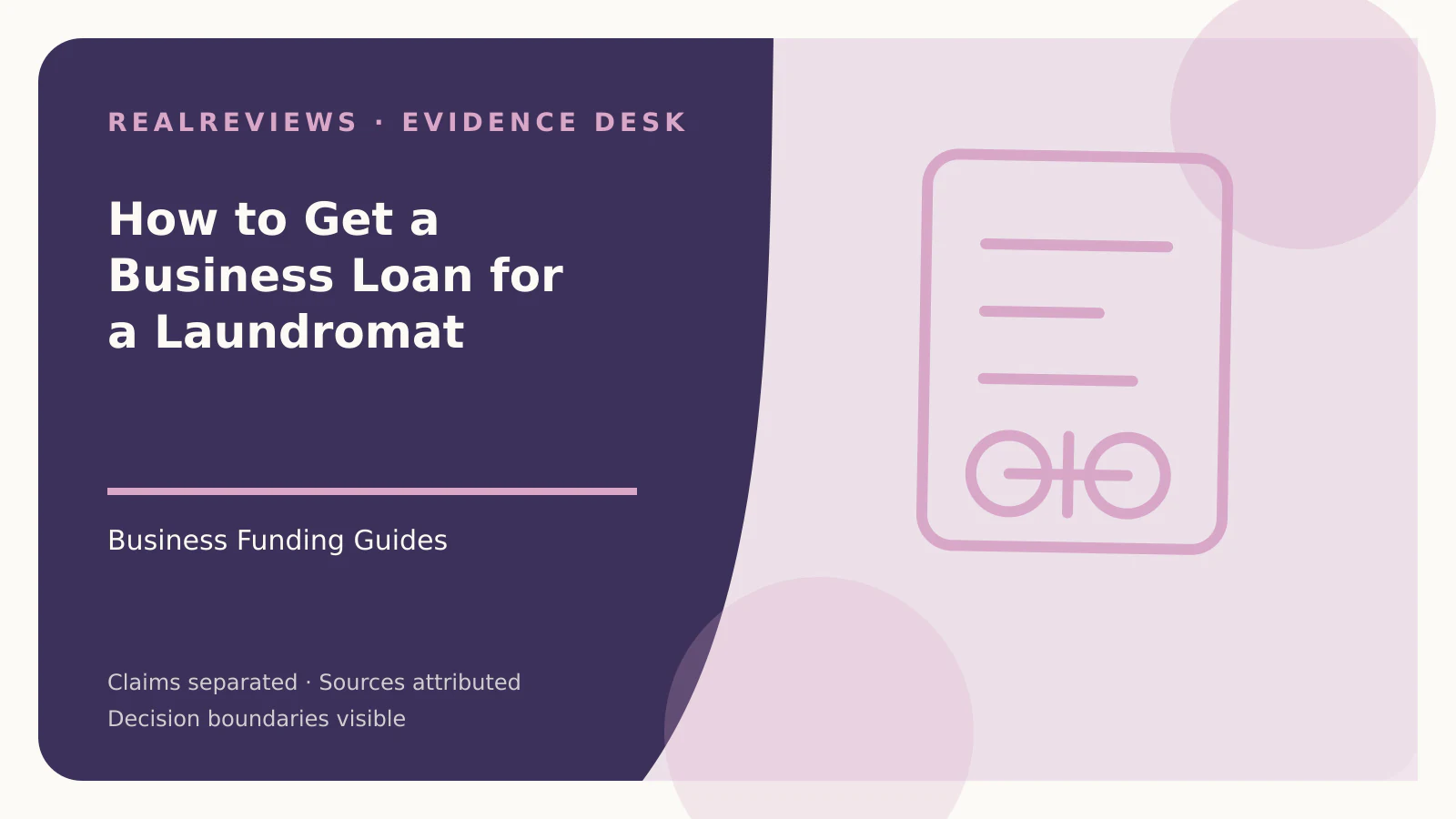 Abstract RealReviews editorial cover for How to Get a Business Loan for a Laundromat, showing a decision ledger, funding path, and evidence checkpoints for a fact-checked buyer decision.