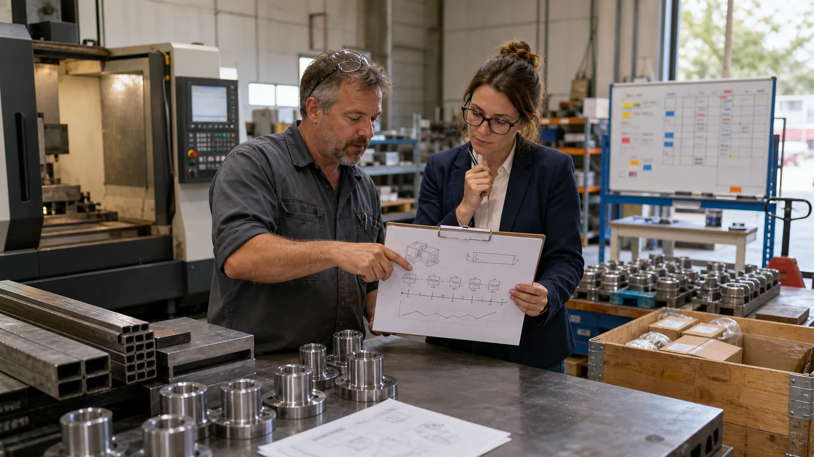 Manufacturer and noncommissioned financing professional reviewing equipment costs and a production cash-flow timeline on the factory floor