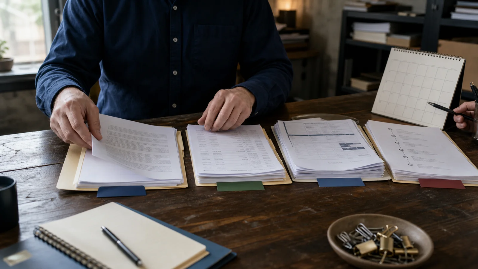 Business owner sorting an MCA agreement, bank notices, payment ledger, and collection timeline into separate evidence files