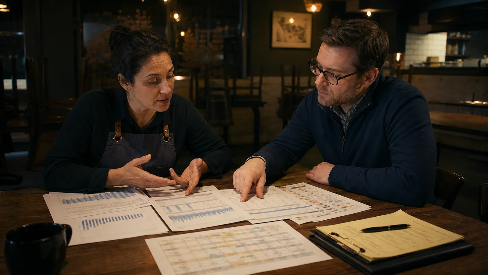 Restaurant owner and financing adviser reviewing revenue charts and bank records during an underwriting discussion