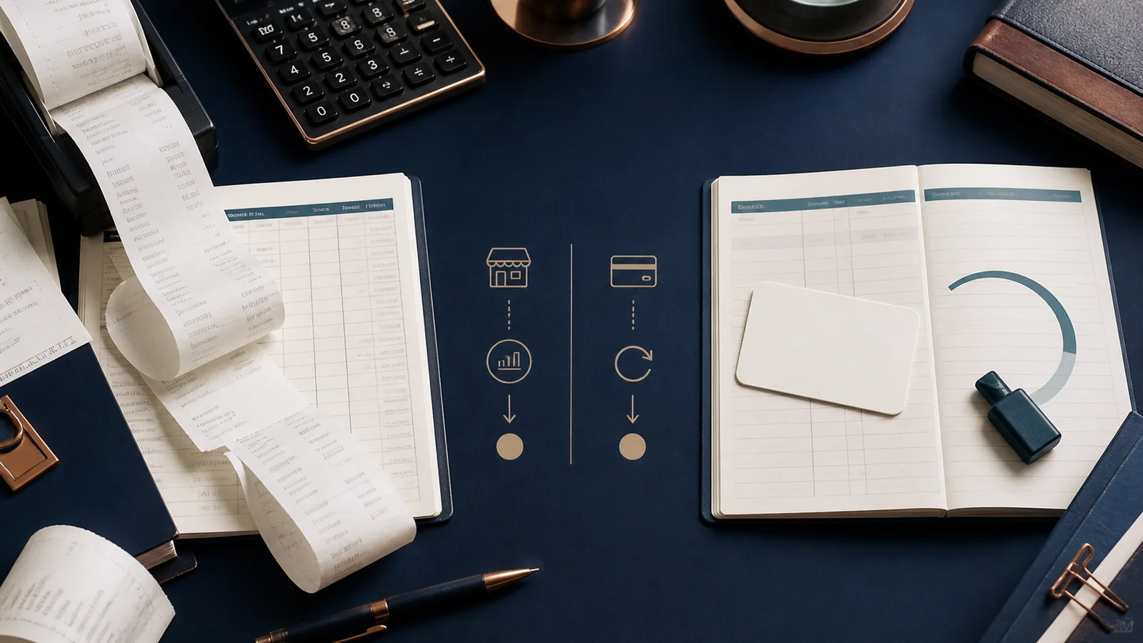 Business owner comparing a card cash advance statement with an MCA sales-remittance ledger