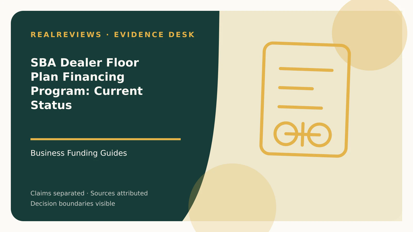 Abstract RealReviews editorial cover for SBA Dealer Floor Plan Financing Program: Current Status, showing a decision ledger, funding path, and evidence checkpoints for a fact-checked buyer decision.
