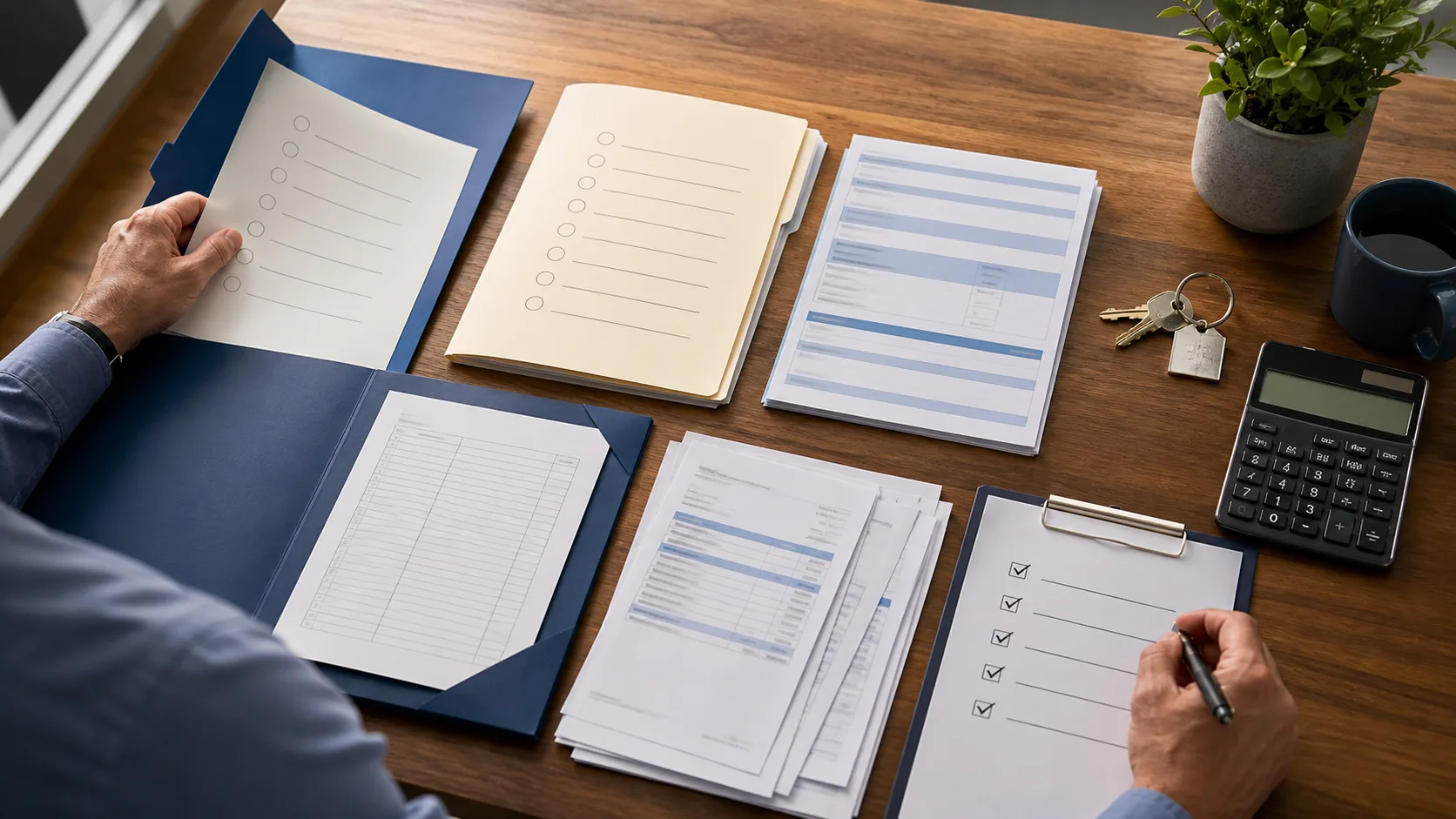 Business owner organizing closing conditions, vendor invoices and a staged disbursement checklist