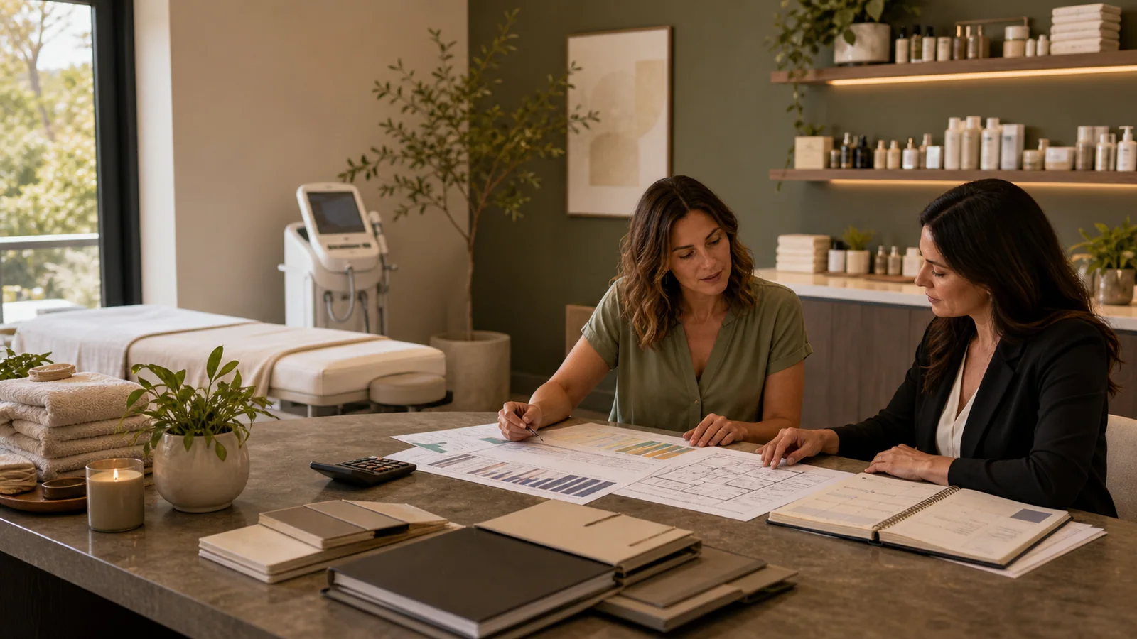 Spa owner and adviser reviewing an equipment quote, build-out plan, appointment calendar and operating budget