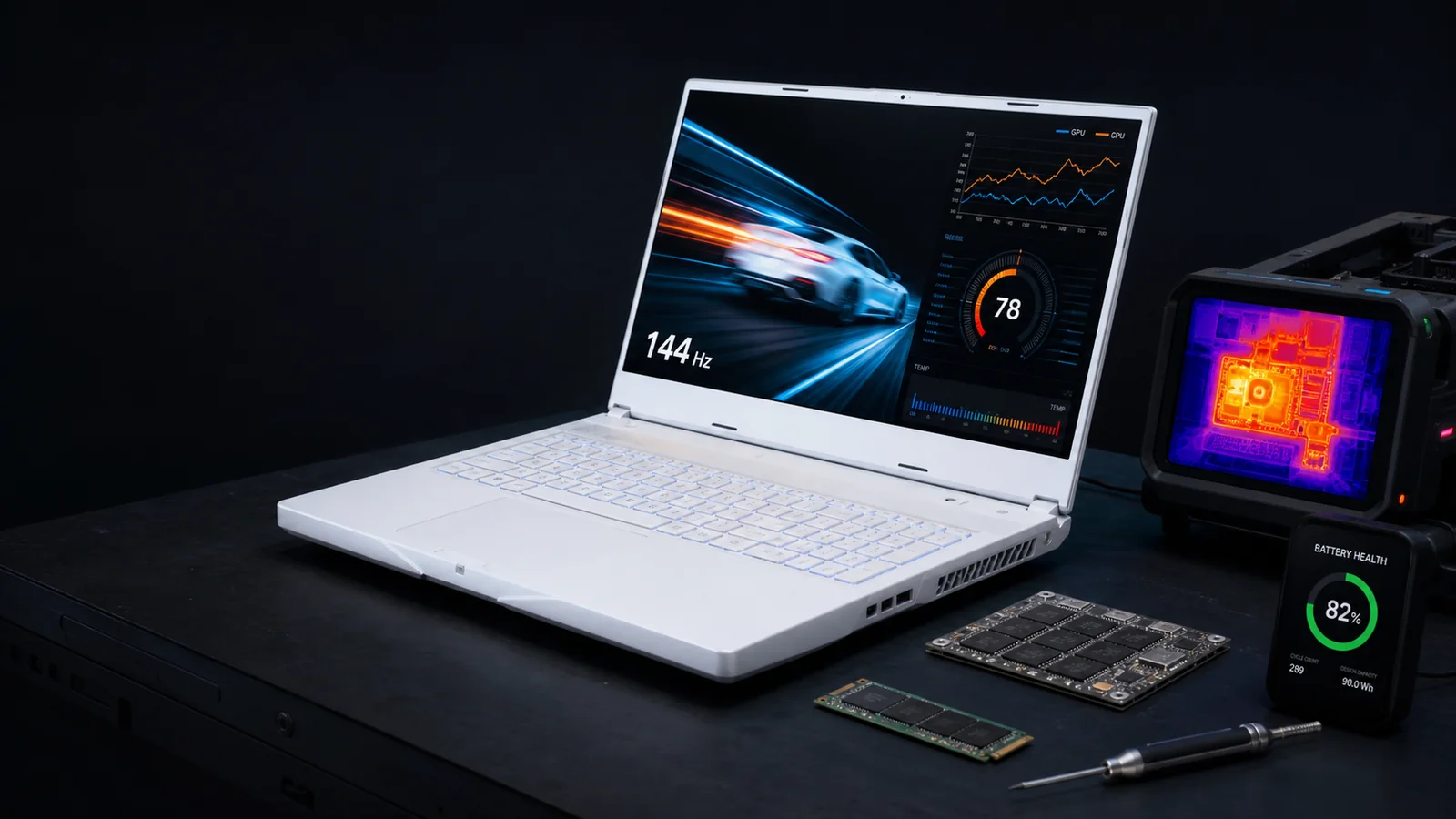 Unbranded white gaming laptop beside a thermal image, battery-health meter, memory board, SSD and inspection tools
