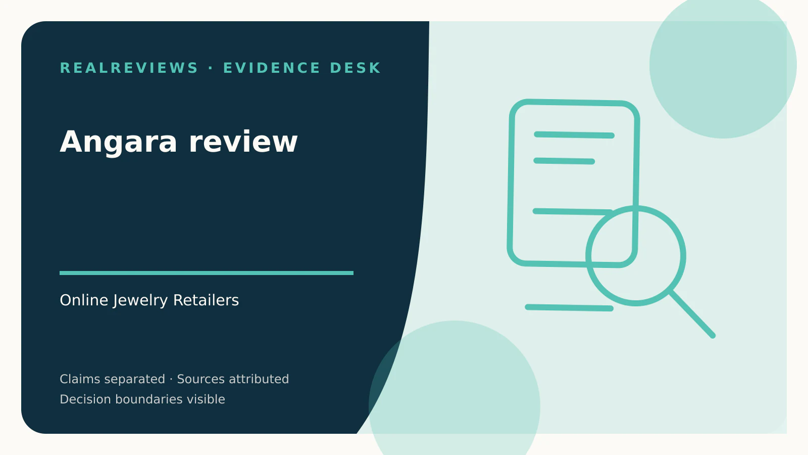 Abstract RealReviews editorial cover for Angara review, showing a product frame, magnifier, and buyer checklist for a fact-checked buyer decision.