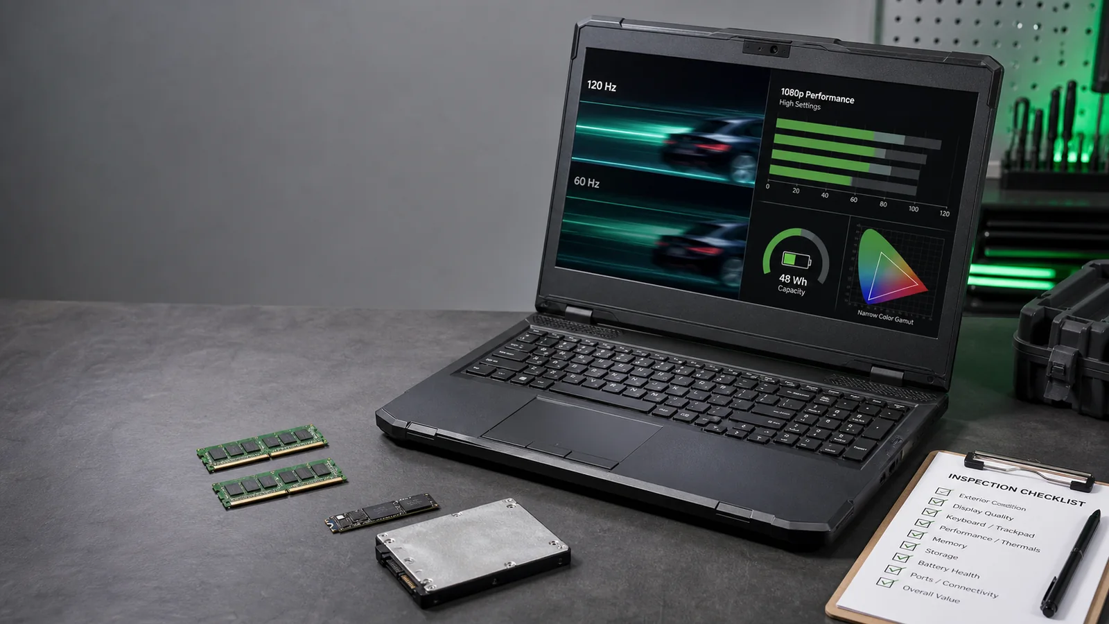 Unbranded rugged gaming laptop beside removable memory, SSD, hard drive, 48 Wh gauge and inspection checklist