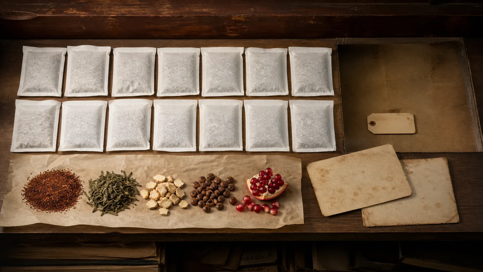 Fourteen unbranded tea sachets beside archival botanicals, an empty shelf space and blank formula cards