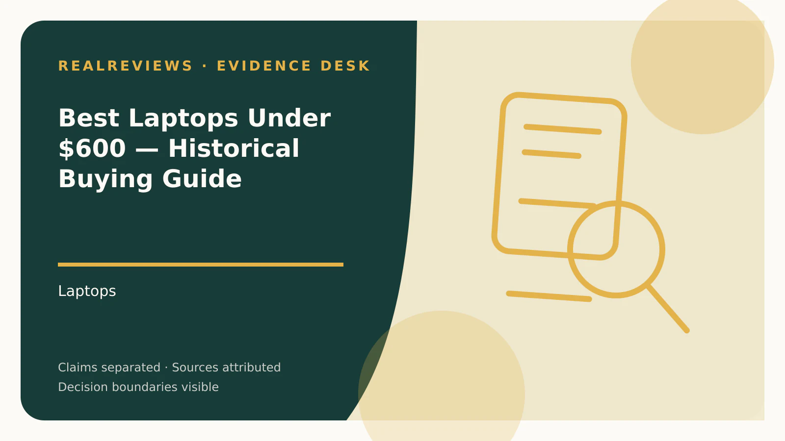 Abstract RealReviews editorial cover for the Best Laptops Under $600 historical buying guide, with a product frame, magnifier, and buyer checklist.