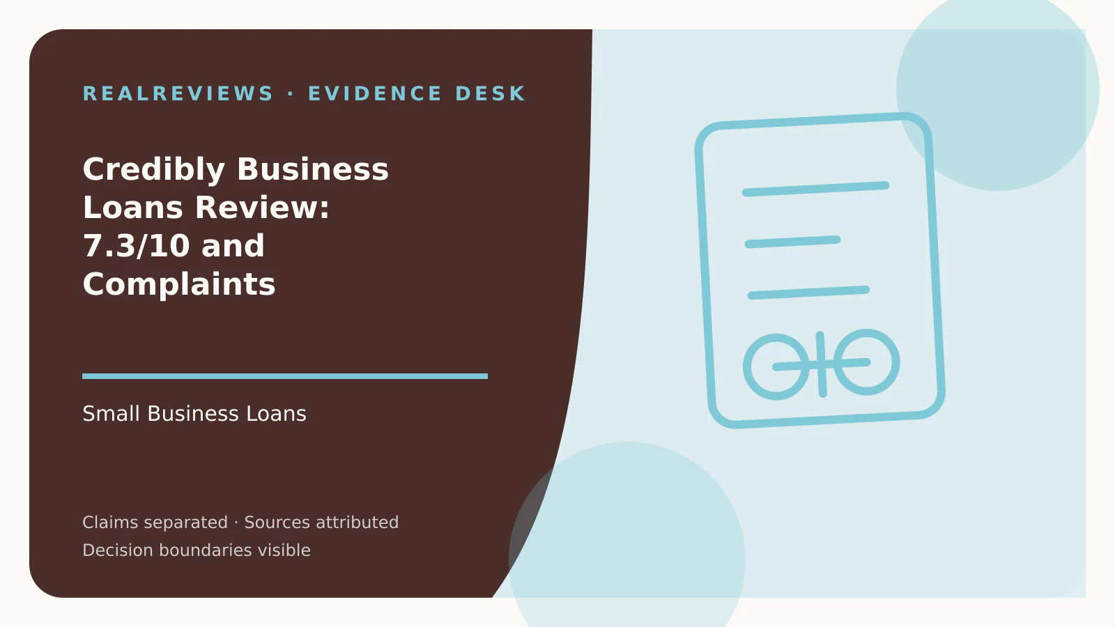 Abstract RealReviews editorial cover for Credibly Business Loans Review: 7.3/10 and Complaints, showing a decision ledger, funding path, and evidence checkpoints for a fact-checked buyer decision.