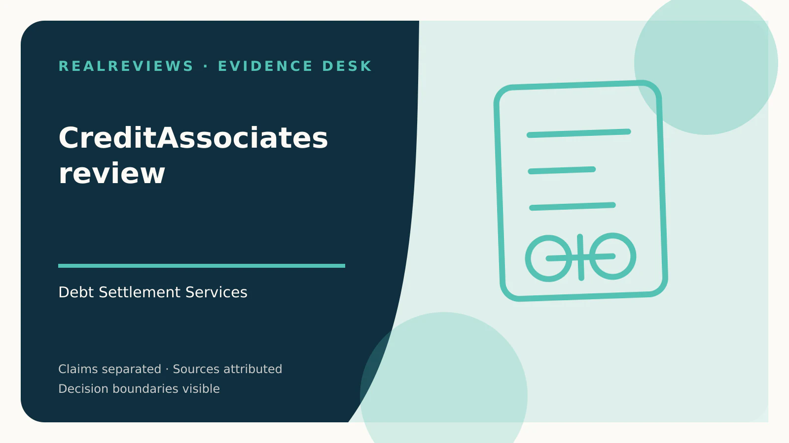 Abstract RealReviews editorial cover for CreditAssociates review, showing a decision ledger, funding path, and evidence checkpoints for a fact-checked buyer decision.