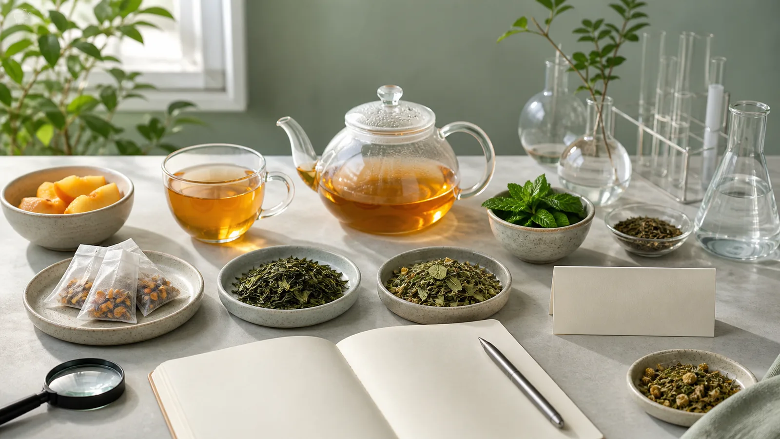 Four unbranded wellness tea preparations arranged beside a blank evidence notebook and research glassware