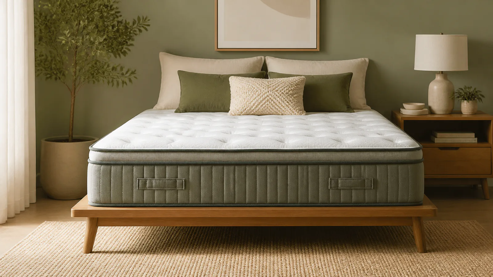 Neutral hybrid mattress on a simple platform in a softly lit bedroom