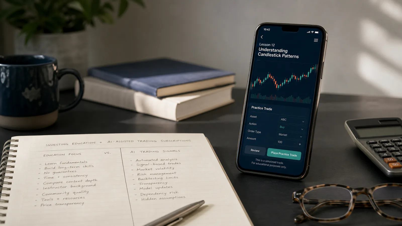 RealReviews editorial illustration of the Finelo investing education app on a phone beside lesson cards and a market chart